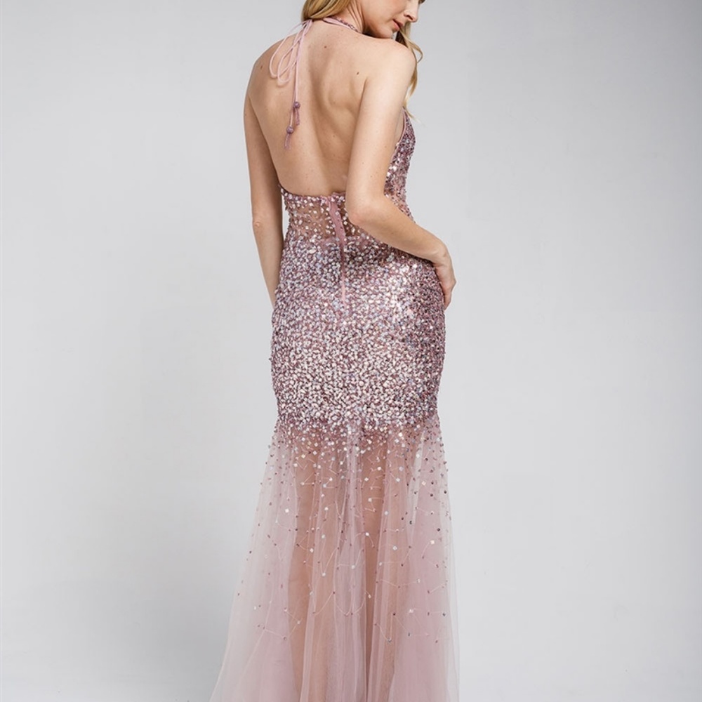 EVENING FORMAL PROM OPEN BACK GOWN AC259 ROSE - Picture 3 of 7